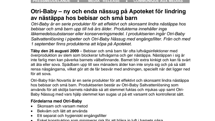 Otri-Baby - ny och enda nässug på Apoteket för lindring av nästäppa hos bebisar och små barn 