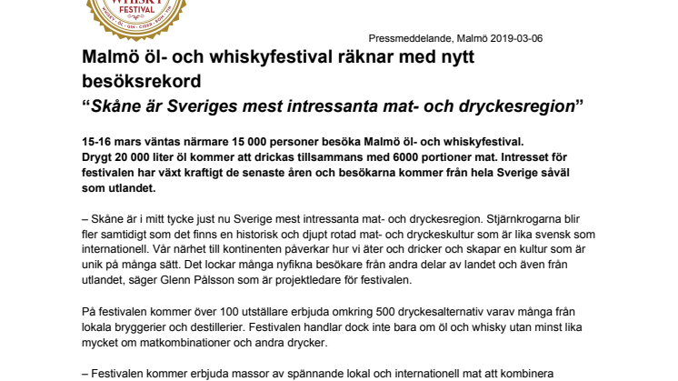 Malmö öl- och whiskyfestival räknar med nytt besöksrekord – “Skåne är Sveriges mest intressanta mat- och dryckesregion”