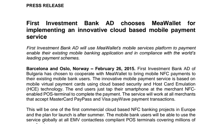 First Investment Bank AD chooses MeaWallet for implementing an innovative cloud based mobile payment service
