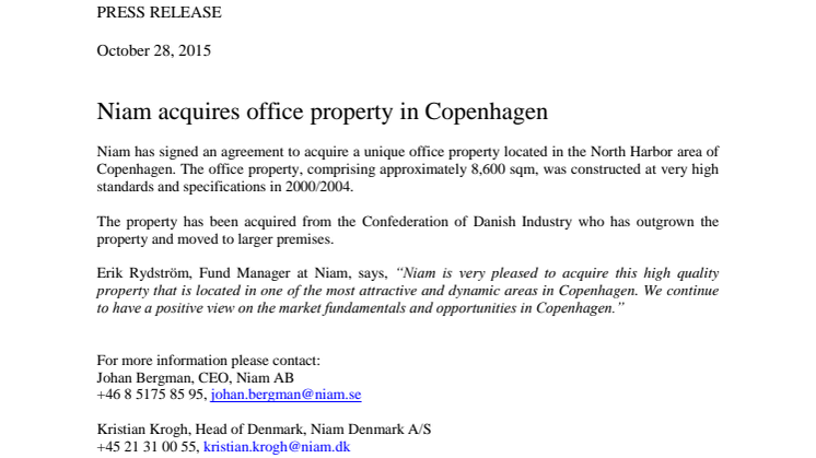 Niam acquires office property in Copenhagen