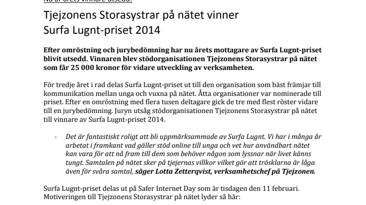 Tjejzonens Storasystrar på nätet vinner Surfa Lugnt-priset 2014