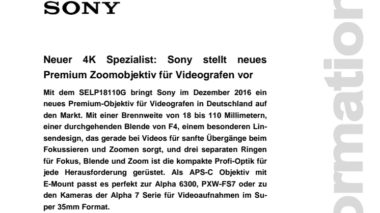 Neuer 4K Spezialist: Sony stellt neues Premium Zoomobjektiv für Videografen vor 