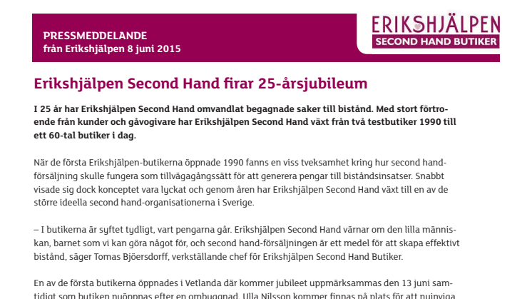 25-årsjubileum för Erikshjälpen Second Hand