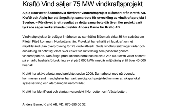 Kraftö Vind säljer 75 MW vindkraftsprojekt