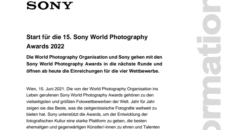 Start für die 15. Sony World Photography Awards 2022