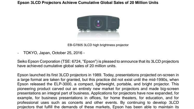 Epson 3LCD Projectors Achieve Cumulative Global Sales of 20 Million Units