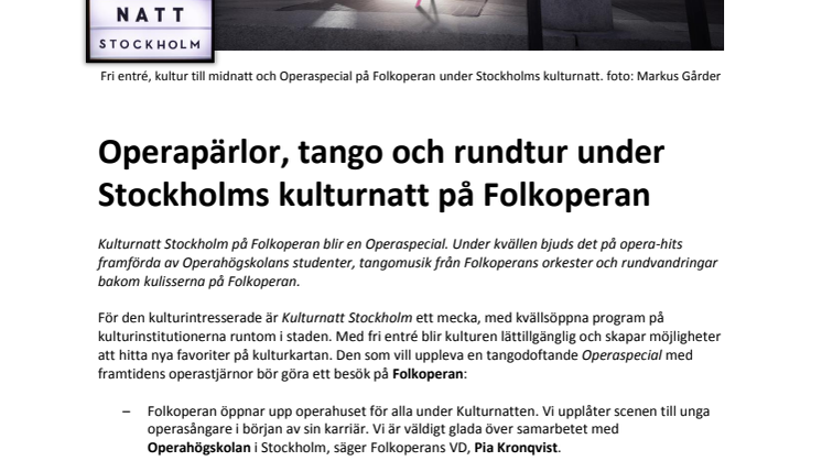 ​Operapärlor, tango och rundtur under Stockholms kulturnatt på Folkoperan