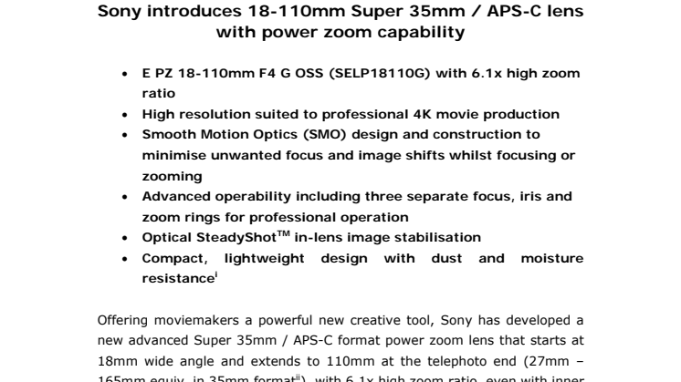 Sony introducerer 18-110mm Super 35mm / APS-C objektiv med power-zoom funktion