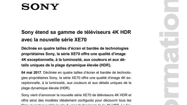 Sony étend sa gamme de téléviseurs 4K HDR avec la nouvelle série XE70 