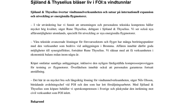 Sjöland & Thyselius blåser liv i FOI:s vindtunnlar