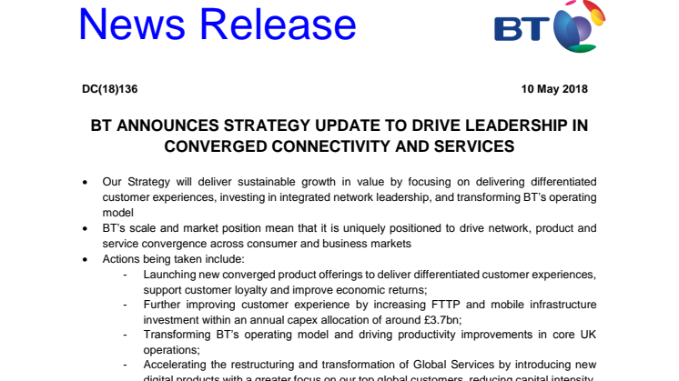 BT announces strategy update to drive leadership in converged connectivity and services 