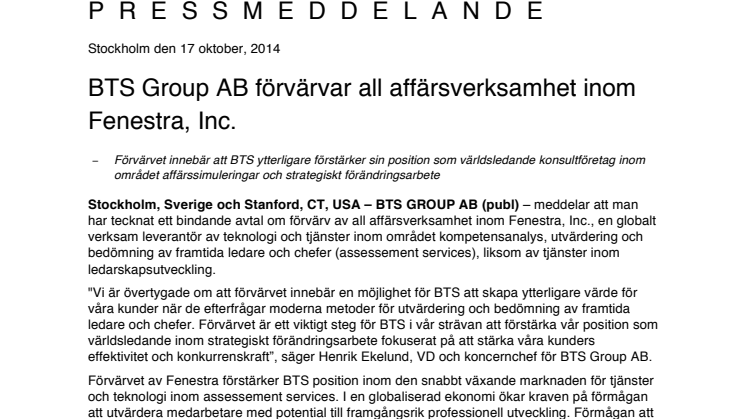 BTS Group AB förvärvar all affärsverksamhet inom Fenestra, Inc.