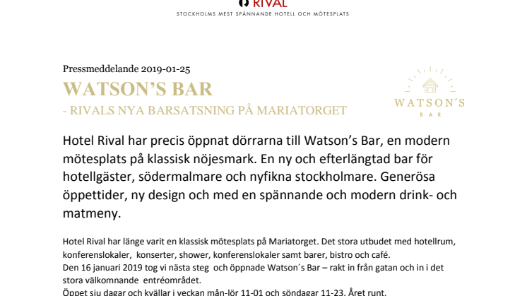 Watson’s Bar - Rivals nya barsatsning på Mariatorget