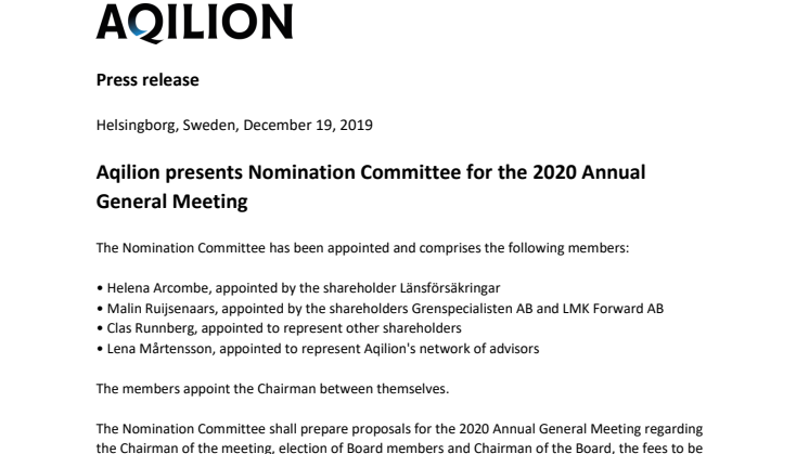 Aqilion presents Nomination Committee for the 2020 Annual General Meeting