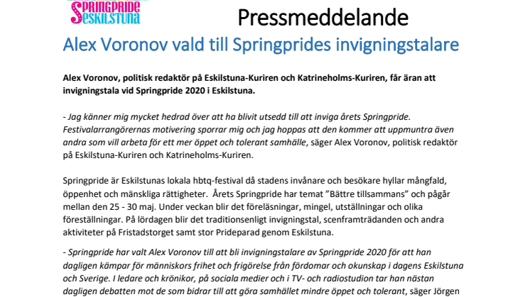 Alex Voronov vald till Springprides invigningstalare