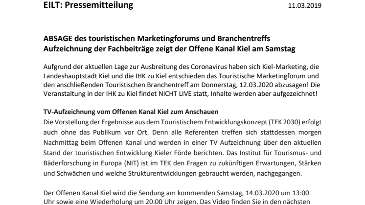 EILT: Absage des Touristischen Marketingforums in Kiel