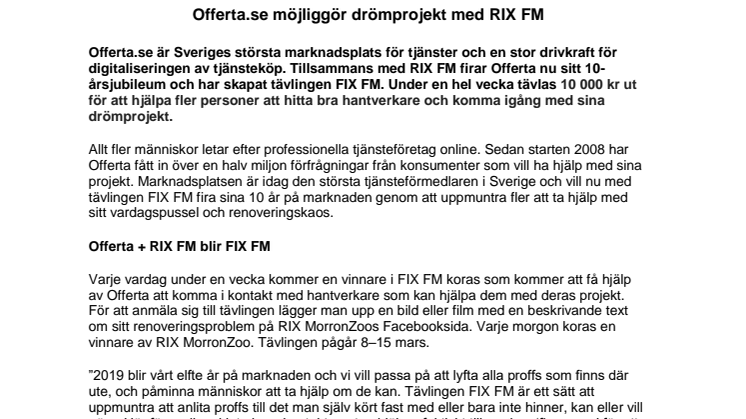 Offerta.se möjliggör drömprojekt med RIX FM
