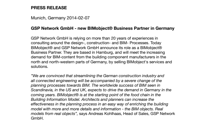GSP Network GmbH - new BIMobject® Business Partner in Germany