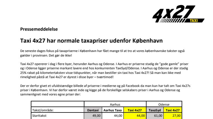 Taxi 4x27 har normale taxapriser udenfor København