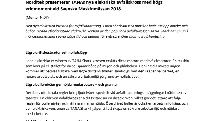 ZERO EMISSIONS -TANAs nya elektriska avfallskross vid Svenska Maskinmässan 2018
