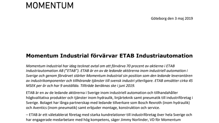​Momentum Industrial förvärvar ETAB Industriautomation