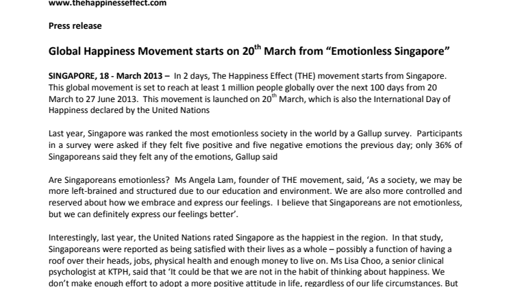 Global Happiness Movement starts on 20th March from “Emotionless Singapore” 
