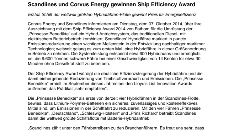 Scandlines und Corvus Energy gewinnen Ship Efficiency Award
