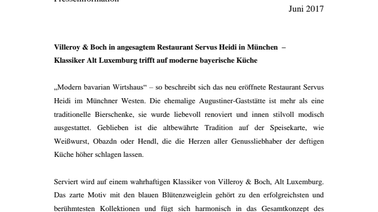 Villeroy & Boch in angesagtem Restaurant Servus Heidi in München - Klassiker Alt Luxemburg trifft auf moderne bayerische Küche