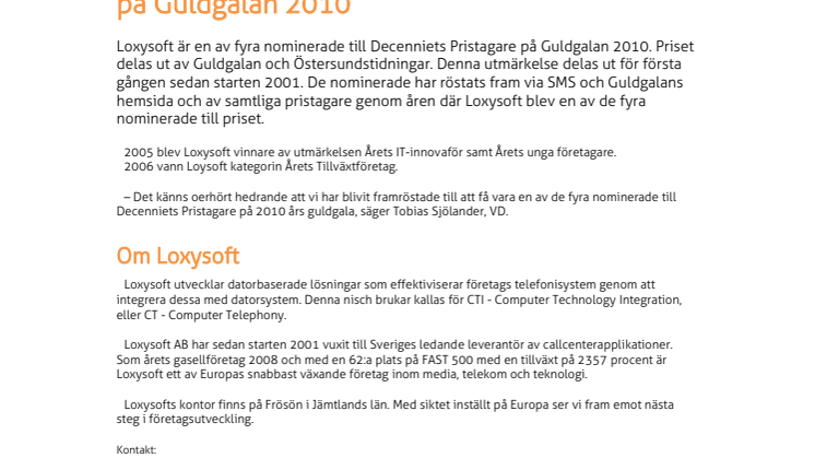 Loxysoft nominerade till Decenniets Pristagare på Guldgalan 2010