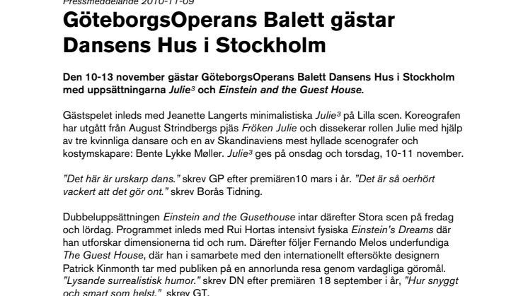 GöteborgsOperans Balett gästar Dansens Hus i Stockholm 