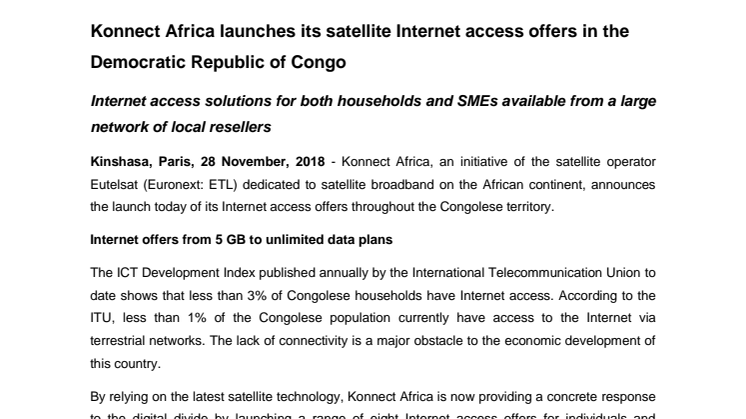 Konnect Africa launches its satellite Internet access offers in the Democratic Republic of Congo