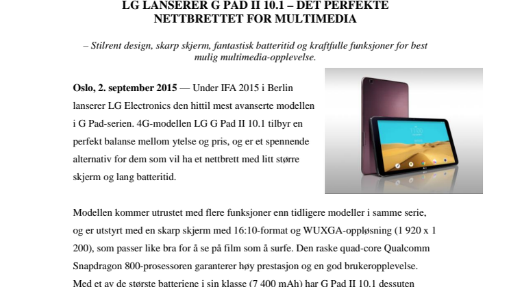 LG LANSERER G PAD II 10.1 – DET PERFEKTE  NETTBRETTET FOR MULTIMEDIA