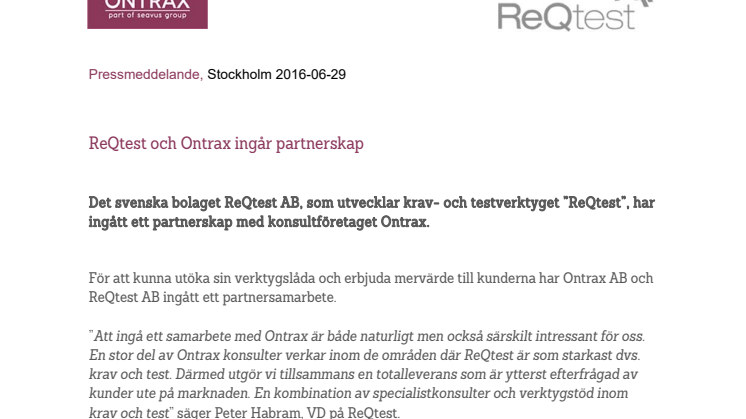 ReQtest & Ontrax ingår partnerskap