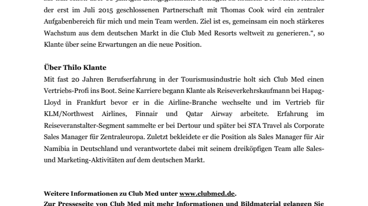Thilo Klante: Neuer Head of Sales bei Club Med Deutschland
