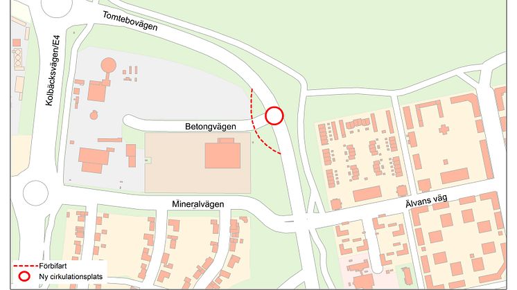 Illustrationen visar var förbifart och cirkulationsplats ska byggas.