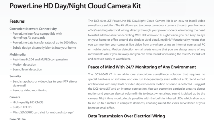 Produktblad, D-Link HD Day/Night Cloud Camera Kit (DCS-6045LKT)