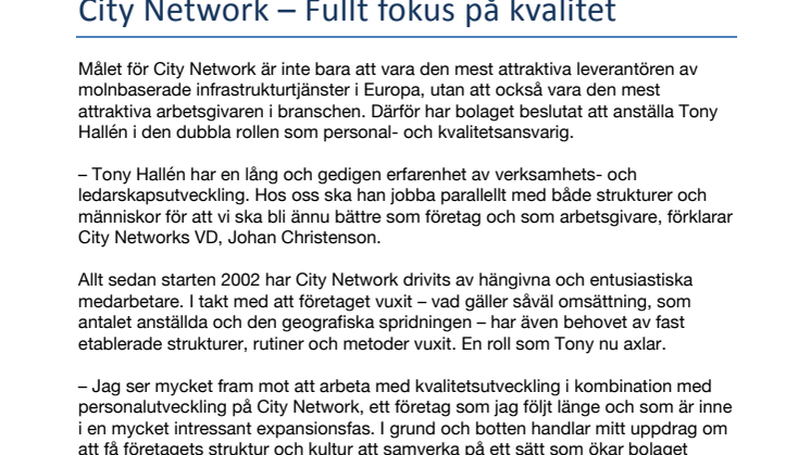 City Network – Fullt fokus på kvalitet