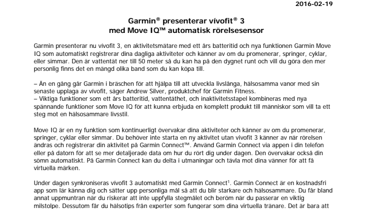 Garmin® presenterar vívofit® 3 med Move IQ™ automatisk rörelsesensor