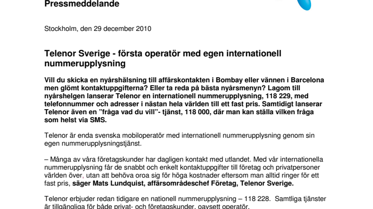 Telenor Sverige - första operatör med egen internationell nummerupplysning 