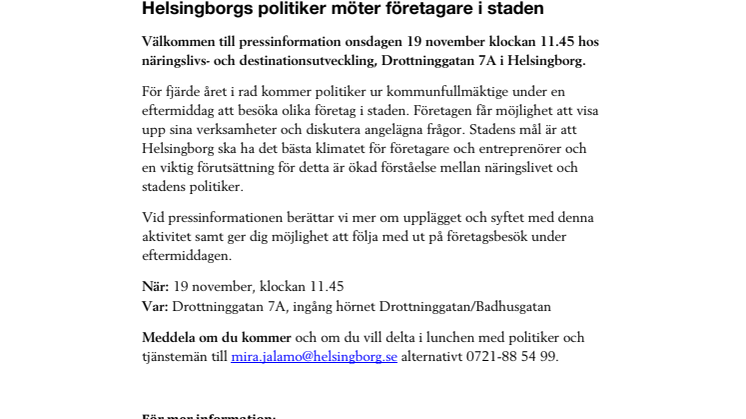 Pressinbjudan: Helsingborgs politiker möter företagare i staden