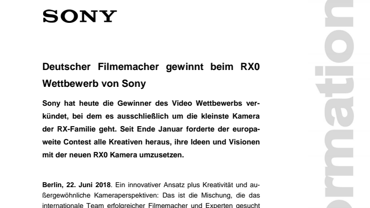 Deutscher Filmemacher gewinnt beim RX0 Wettbewerb von Sony 