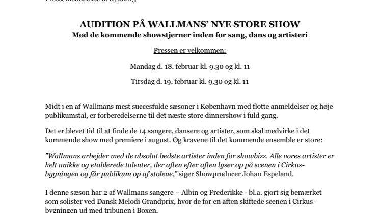 AUDITION PÅ WALLMANS’ NYE STORE SHOW