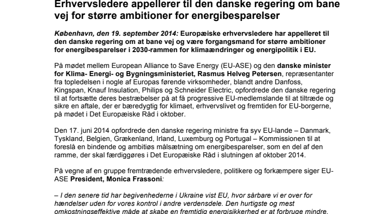 Erhvervsledere appellerer til den danske regering om bane vej for større ambitioner for energibesparelser 
