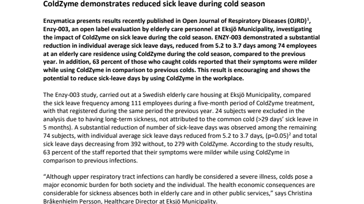 ColdZyme demonstrates reduced sick leave during cold season 