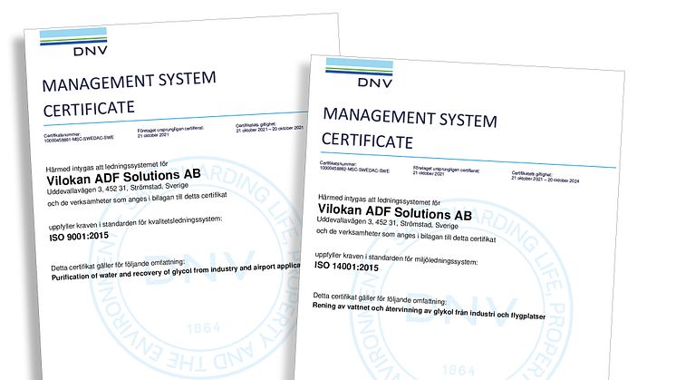 Vilokan ADF Solutions nu ISO 9001 och 14001 certifierade