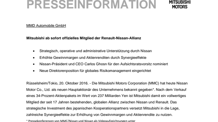 Mitsubishi ab sofort offizielles Mitglied der Renault-Nissan-Allianz 