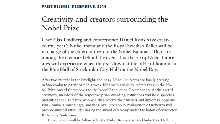 Press release: Creativity and creators surrounding the Nobel Prize