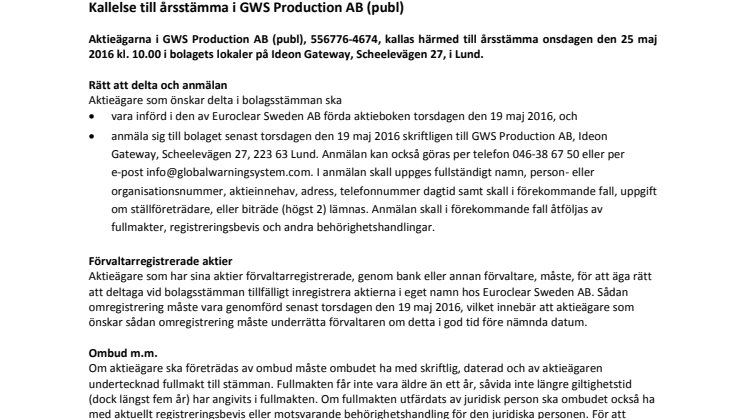 Kallelse till årsstämma i GWS Production AB (publ)