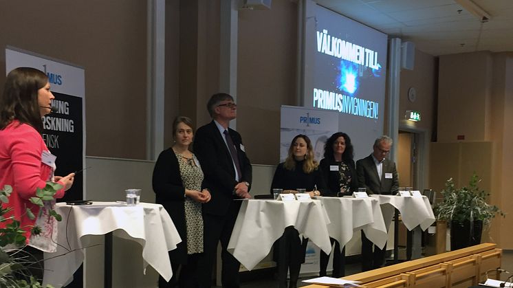 I panelsamtalet deltog (från vänster): Anna Davidsson,  Volvo Cars.  Göran Carlsson, Swerea. Frida Andersson, Teknikföretagen.  Ulrika Strandroth Frid, Trollhättans Stad samt Anders Carlberg, Västra Götalandsregionen.