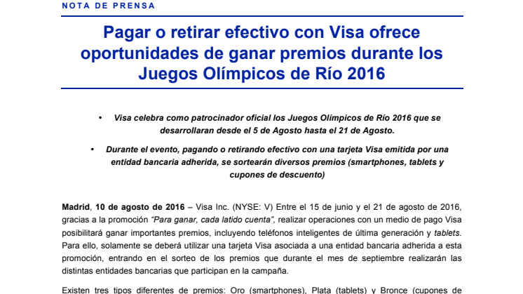 Pagar o retirar efectivo con Visa ofrece oportunidades de ganar premios durante los Juegos Olímpicos de Río 2016